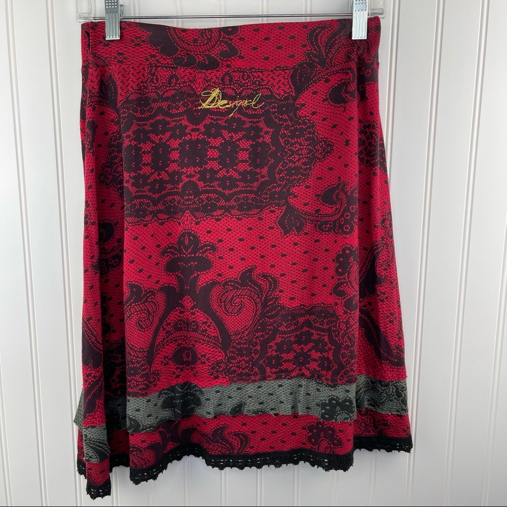 Desigual Deliney A-Line Red Lace Trim Skirt Size Small - Picture 5 of 7